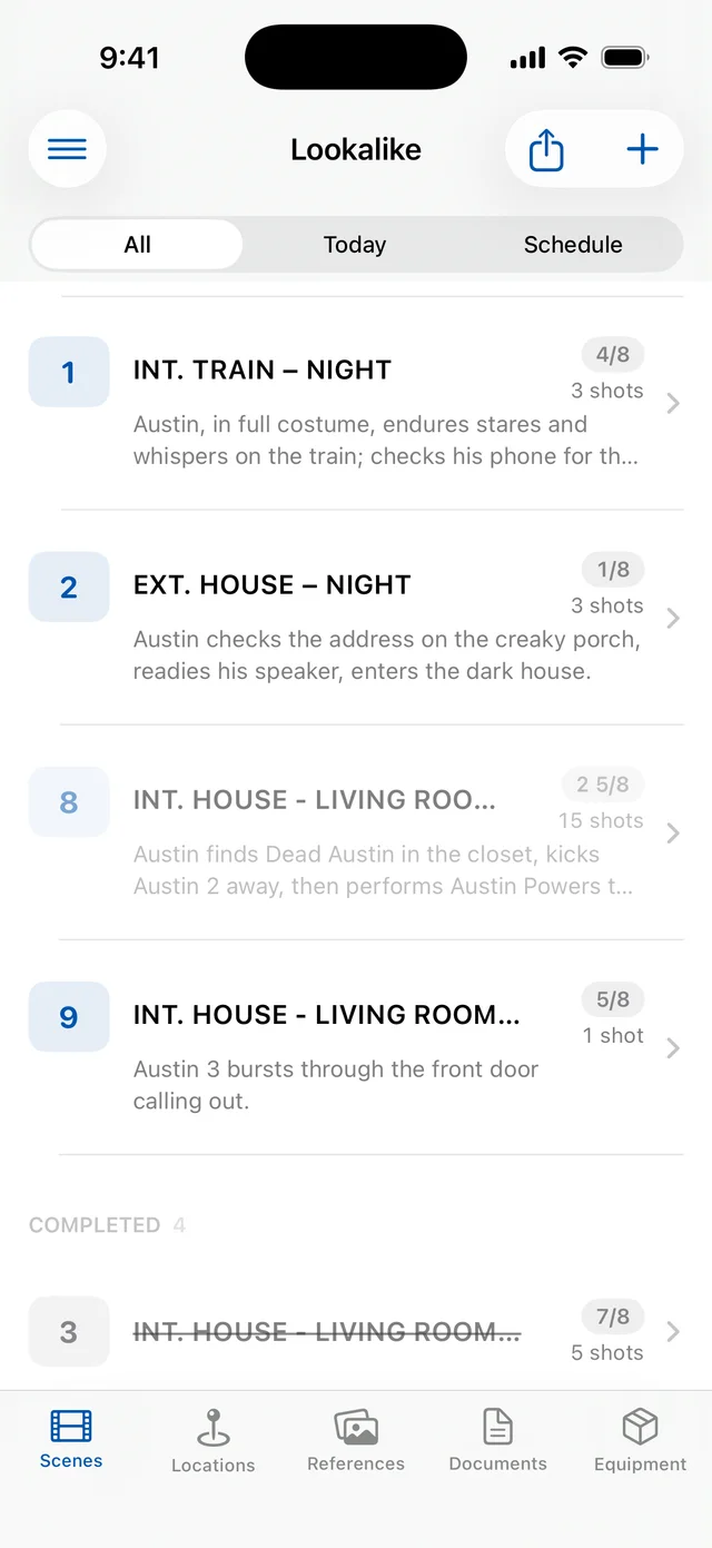 The scene list on iPhone